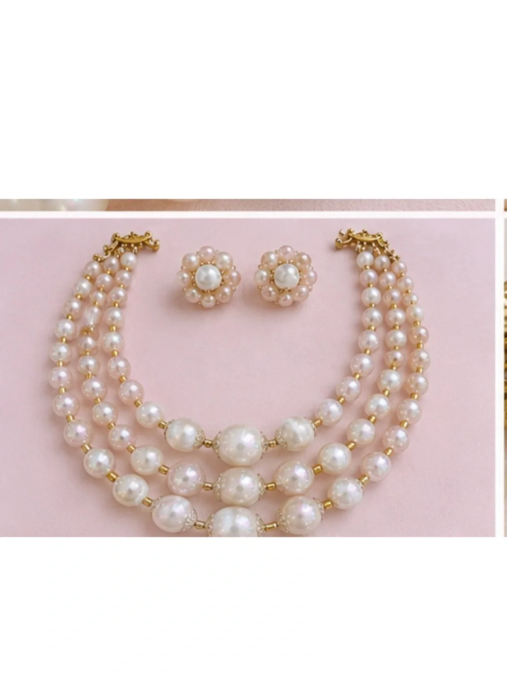 Vintage Japan 3 Strand Faux & Satin Glass Necklace Set w/ Matching Clip Earrings - Picture 7 of 8